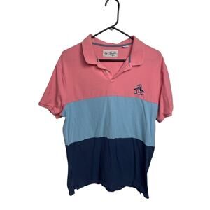 Original Penguin Men's Tri-Color Block Pique Polo Shirt - Pink/Blue/Navy -Size L
